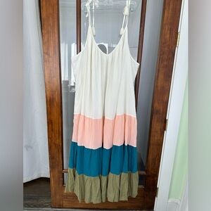 Old Navy 4X Tiered Maxi Dress Boho Colorblock Tie Tassel Flowy Beach Pockets